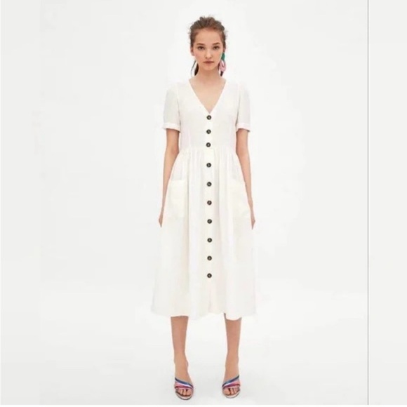 ZARA White Linen Button Down Dress with Pockets // XS - Picture 3 of 9